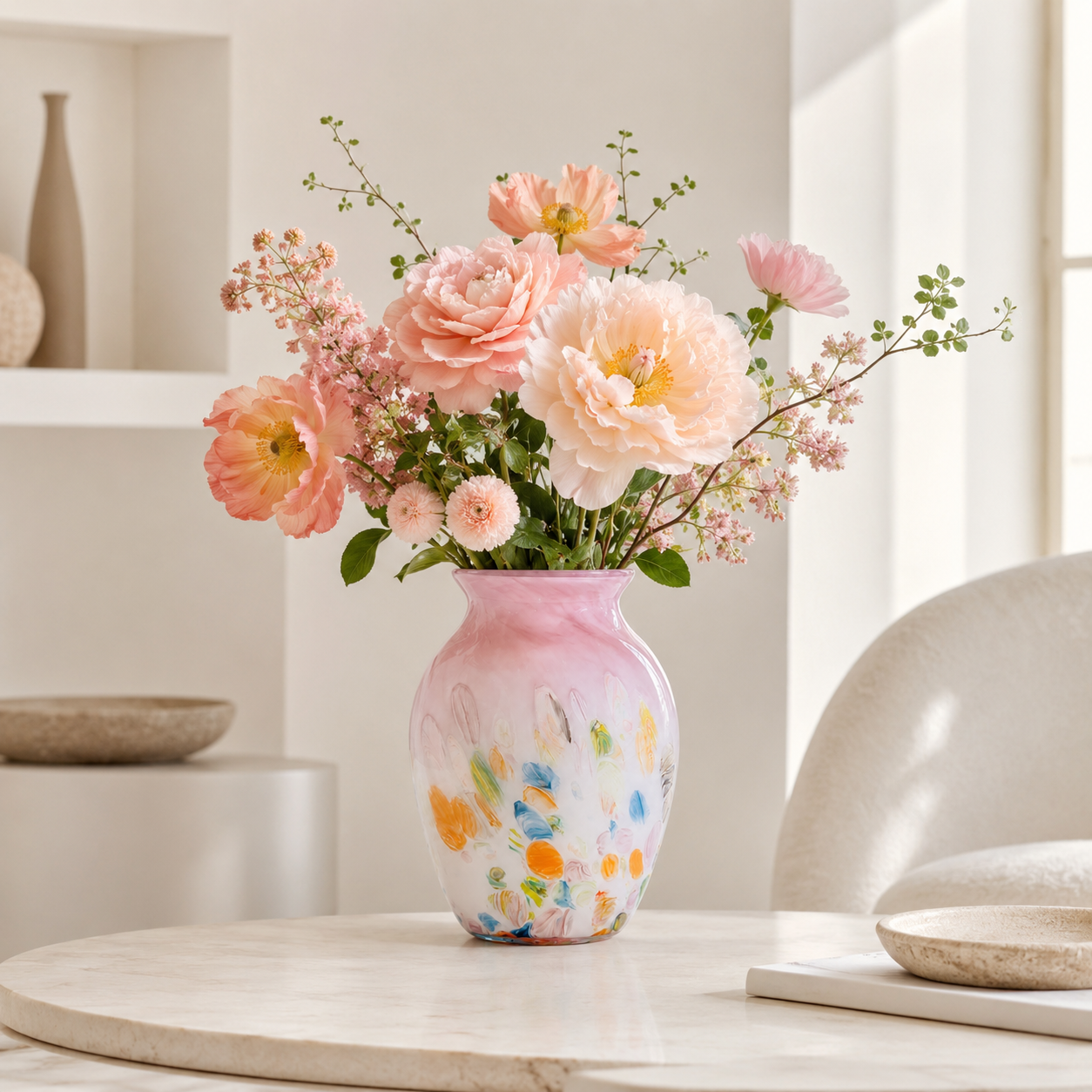 Blush Garden Round Ceramic Vase – Hand-Painted Floral Design