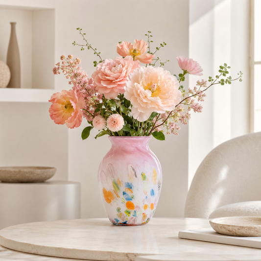 Blush Garden Round Ceramic Vase – Hand-Painted Floral Design