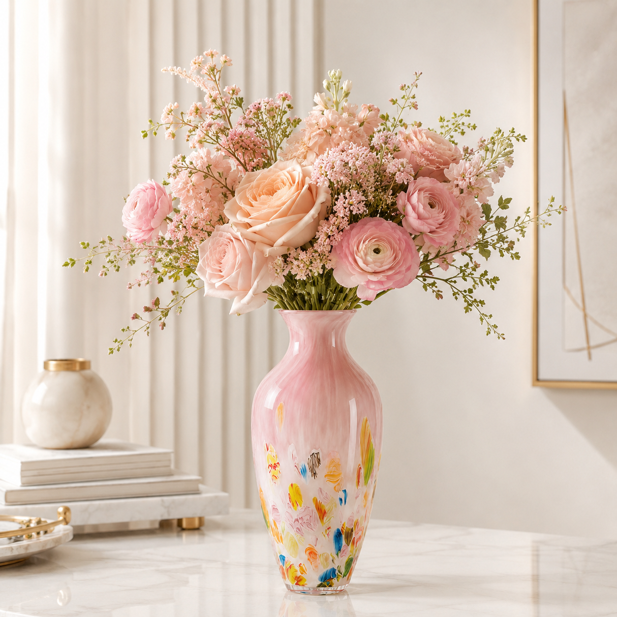 Blush Garden Tall Ceramic Vase – Hand-Painted Floral Design